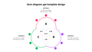Venn diagram PPT template showing three intersecting colorful circles labeled A, B, and C with captions on a white backdrop.
