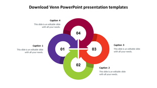 Venn diagram template with four colored rings containing numbers 01-04 and  caption spaces in white backdrop.