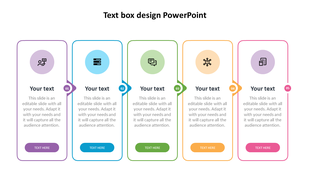 Slide with five vertical text boxes in purple, blue, green, orange, and pink each with a unique icon and space for text.