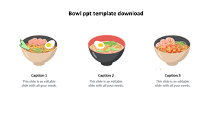 Illustration of three noodle bowls with eggs, vegetables, and meat, each with caption areas.