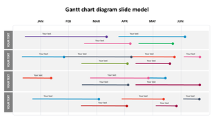 Gantt chart with colorful horizontal bars spanning from January to June, representing project timelines and milestones.
