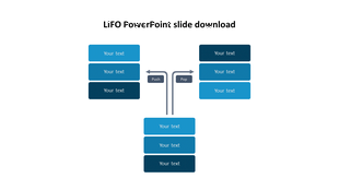 LIFO themed infographic showcasing three stacks of blue text blocks with central push and pop arrows for data flow.