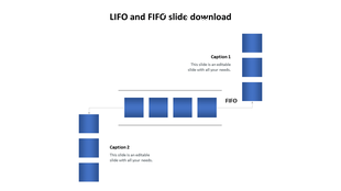 Layout showing vertical and horizontal blue cylinders connected by arrows, demonstrating FIFO and LIFO principles.