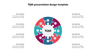 TQM infographic showing a central white circle surrounded by eight numbered jigsaw pieces forming a ring.