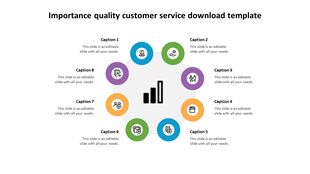 Quality customer service PPT slide featuring a colorful circular diagram with eight icons and captions on a white backdrop.