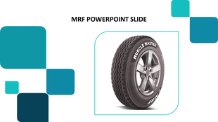 MRF Muscle Master tire graphic centered on a slide with geometric blue shapes placed in a white background.