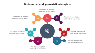 Infographic with a central hub linked to six uniquely shaped, color coded nodes representing networking concepts.