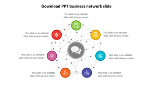 Illustration of a business network diagram slide with interconnected nodes and icons with placeholder text.