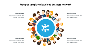Circular business network diagram with illustrated professionals forming a ring around a blue icon in the center.