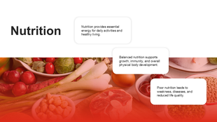 Nutrition PowerPoint with fruits, vegetables, meat, pulses, red gradient design, bold heading, and three white text boxes.