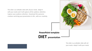 Diet slide with a bowl of healthy food including eggs, spinach, grains, and vegetables on the right and text on the left.
