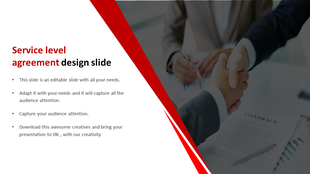 PowerPoint slide for service level agreement, showing two people shaking hands with a contract in the background.