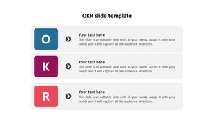 OKR slide with three blocks labeled O, K, and R in blue, purple, and red squares, each followed by placeholder text.