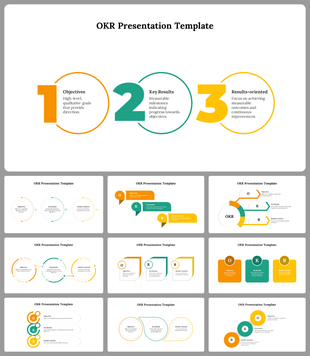 OKR template showcasing a primary three-step structure, followed by different design options for presenting. 