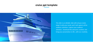 Cruise ship graphic on a calm ocean scene under a night sky, paired with a bright blueplaceholder text area.