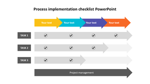 Checklist infographic with horizontal arrows for tasks, checkmarks for completion, and a project management bar.