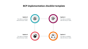 BCP implementation infographic featuring four circular icons in a square layout with caption areas beside each.