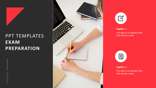 Exam preparation-themed template with a black and red layout, featuring a person writing in a notebook alongside a laptop.