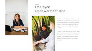 Employee empowerment slide with two photos one woman working at a desk and two men discussing ideas with laptops.