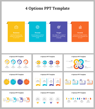 A pack of 4 options slides displaying business, process, target, and growth concepts in various colorful layout designs.