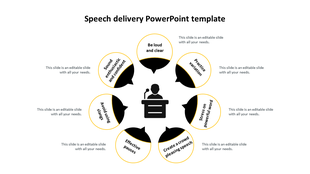 Diagram outlining key tips for effective speech delivery in a PowerPoint template, featuring a central figure at a podium.