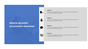 Speech delivery  slide with a blue overlay title section representing concepts and caption list with icons on the right.