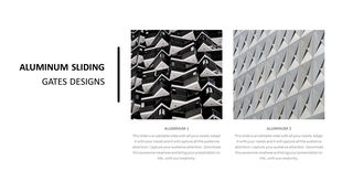 Two black and white photos of aluminum sliding gate with geometric patterns, paired with text placeholders.
