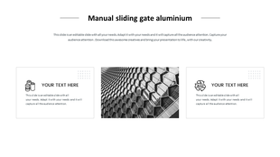 PowerPoint slide with a design for a manual sliding gate aluminum, featuring text sections and a geometric pattern.