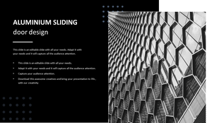 Modern aluminum sliding door design with hexagonal patterns, and bullet text points on a black background to the left.