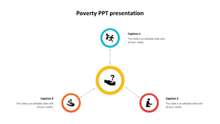 Central question mark icon with three surrounding icons representing poverty challenges, linked by dotted lines.