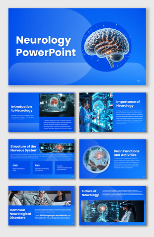 Neurology PowerPoint with brain structure, disorders, functions, diagnostics, and research insights for presentation.