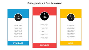 Pricing table with three columns: Standard, Premium, and Gold, each featuring a price tag and placeholder text.