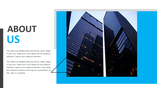 About Us PowerPoint slide featuring a skyscraper with a blue border background and placeholder text on a white theme.