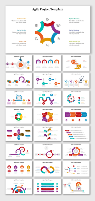 Slide deck for agile projects with diagrams illustrating steps like scrum, sprint, and retrospective, using vibrant colors.