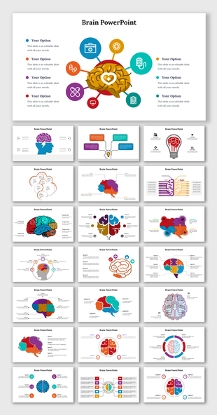 Slide deck showcasing various brain illustrations with icons, sections, and options in vibrant colors.