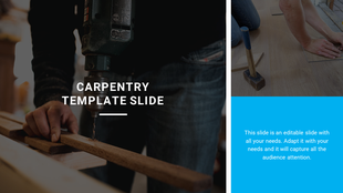 Carpentry themed template featuring a person using a power drill on wood and another installing wooden flooring with tools.