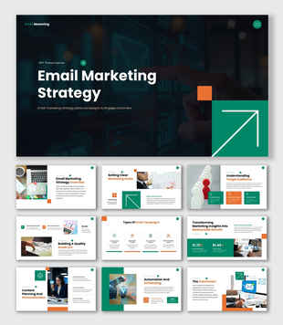 The Best Email Marketing Strategy presentation showing target audience, campaigns, and performance charts.