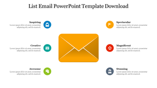 List email slide with colorful icons and sections for different categories from inspiring to stunning with placeholder text.
