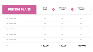 Pricing table comparing basic, standard, and platinum plans with features and detailed prices listed below.