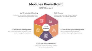 Hexagon shaped diagram with five colored sections, each representing different SAP modules, connected to a center.