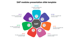 SAP modules slide with a central hexagon labeled and seven surrounding colorful segments with placeholder text.