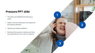 Pressure-themed slide featuring a woman expressing stress, with three numbered blue circles overlayed.