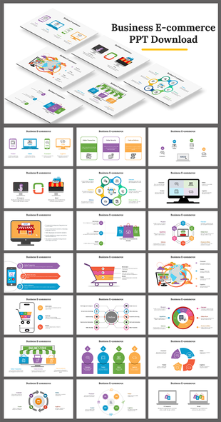 Collection of slides showcasing a business e commerce presentation, highlighting key topics with different colored layouts.