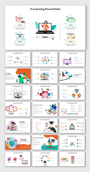 Slide deck with educational themed infographics, showcasing online learning, digital tools, and interactive study materials.