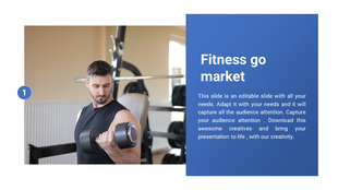 Slide design with photo of a man exercising at the gym and a bold blue box with fitness placeholder content on the right.
