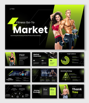 Fitness Go Market slides with gym models, charts, icons, black green theme, clear text holders.