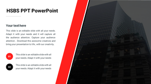 HSBS template featuring a bold red accent, editable text block, and numbered section on a dark cityscape background.