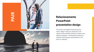 Slide with two couple images near tree and sea, featuring orange and yellow accents, and black text on a white background.