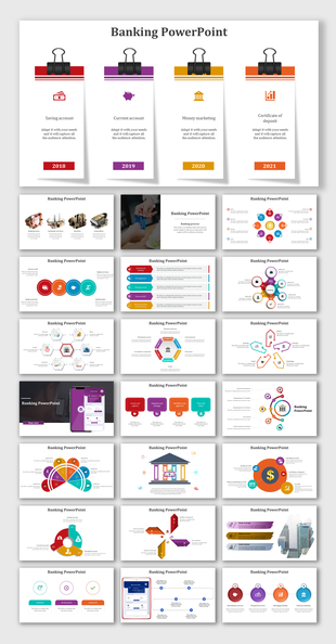 Banking slide deck with various infographic designs, financial process diagrams, and account details.