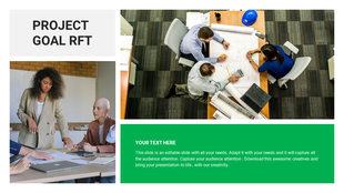 Professional slide showing teamwork photos and a green placeholder text area for project information.